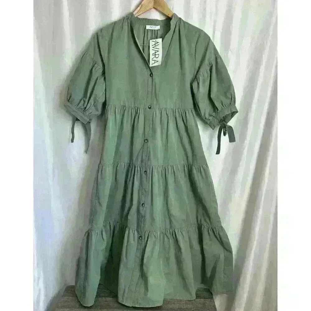 Avara Ainsley Tiered Ruffle Dress Women’s XS Olive‎ Green